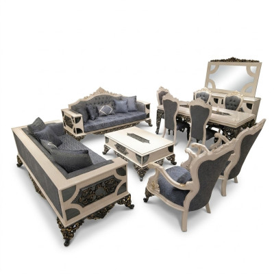 Conjunto de sala de estar de lujo con 2 sofás de 3 plazas, dos sillones y una mesa de centro.