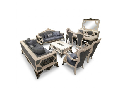 Conjunto de sala de estar de lujo con 2 sofás de 3 plazas, dos sillones y una mesa de centro.