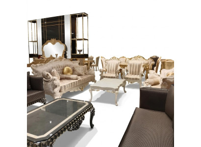 Juego de sala de diseño con sofás, sillones elegantes y mesa de centro moderna.