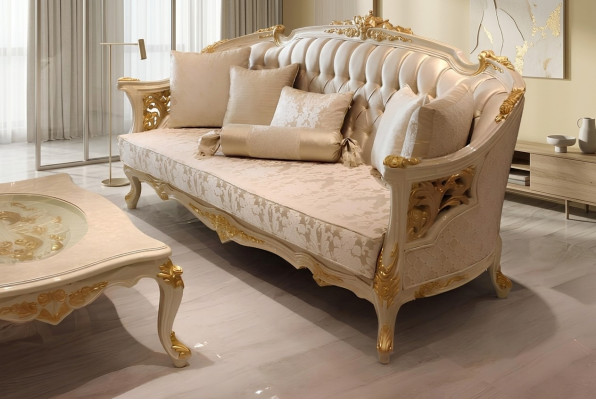 Exquisito sofá de lujo de sala de estar de 3 plazas, sofá beige de lujo para sala de estar