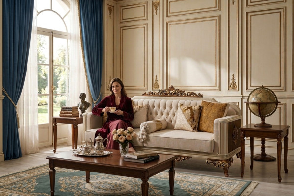 Lujo Sofá de 3 plazas Muebles de salón Sofá elegante de 3 plazas Textil beige