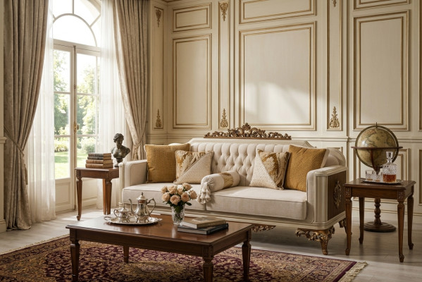 Lujo Sofá de 3 plazas Muebles de salón Sofá elegante de 3 plazas Textil beige