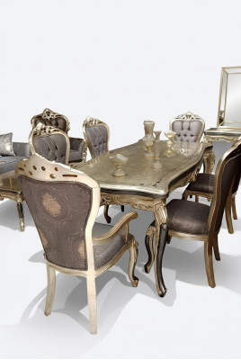 Mobiliario de comedor exquisito: mesa de comedor lujosa + 4 sillas doradas.