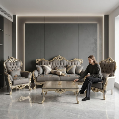 Conjunto de salón moderno: sofás de 3 plazas, 2 sillones, mesa de centro.