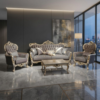 Conjunto de salón moderno: sofás de 3 plazas, 2 sillones, mesa de centro.