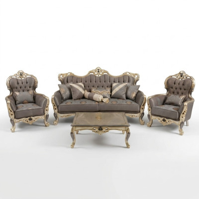 Conjunto de salón moderno: sofás de 3 plazas, 2 sillones, mesa de centro.