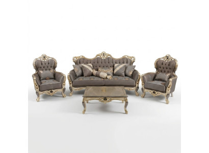 Conjunto de salón moderno: sofás de 3 plazas, 2 sillones, mesa de centro.
