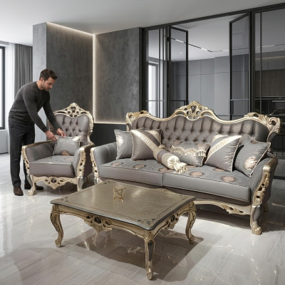 Sofá elegante con sillón conjunto de sofá gris Relax de 2 piezas muebles de salón