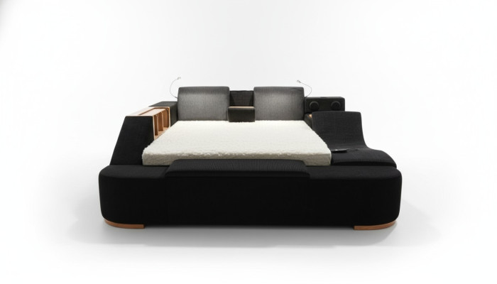 Muebles de dormitorio coloridos con una cama moderna y de colores vivos.