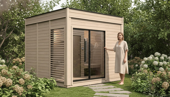 Sauna de madera Sauna exterior Madera de pino Casa de sauna panorámica Cabaña de jardín