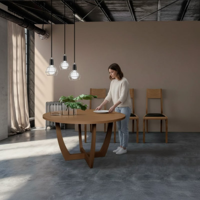 Mesa de comedor redonda de madera, mesa de cocina redonda de nuevo estilo moderno marrón de 140 cm.