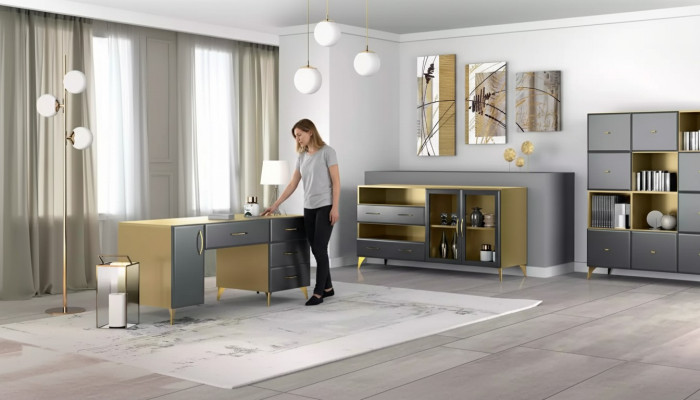Conjunto de sala de estar Escritorio Aparador Estantería 3 piezas. Mesa Muebles Madera