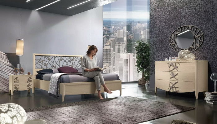 Juego de dormitorio completo con cama, 2 mesitas de noche y cómoda, 5 piezas, nuevo, color beige.