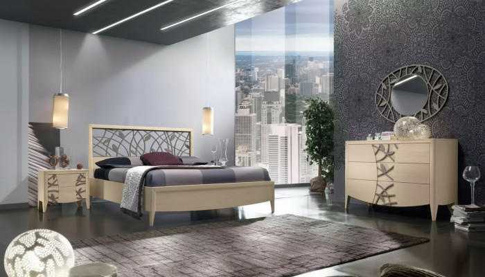 Juego de dormitorio completo con cama, 2 mesitas de noche y cómoda, 5 piezas, nuevo, color beige.