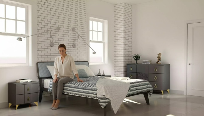 Conjunto de dormitorio Cama de lujo 2 mesitas de noche Gris diseño 3 piezas Cómoda