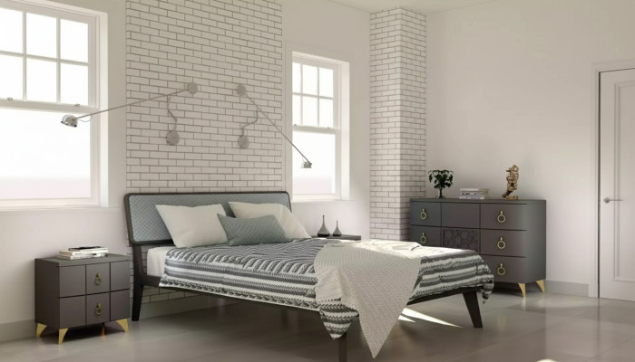 Conjunto de dormitorio Cama de lujo 2 mesitas de noche Gris diseño 3 piezas Cómoda