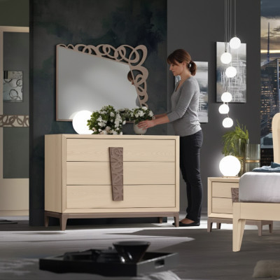 Juego de dormitorio de lujo, cómoda con espejo, muebles de diseño de madera beige de 3 piezas.