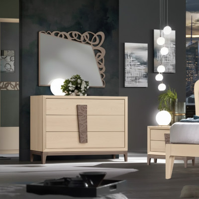 Juego de dormitorio de lujo, cómoda con espejo, muebles de diseño de madera beige de 3 piezas.
