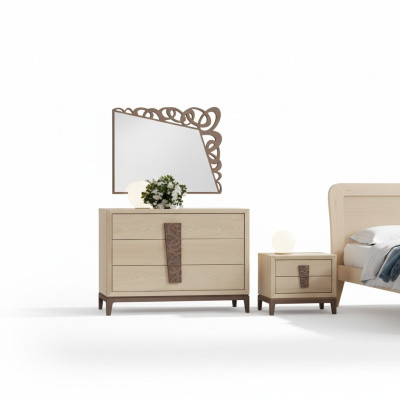 Juego de dormitorio de lujo, cómoda con espejo, muebles de diseño de madera beige de 3 piezas.