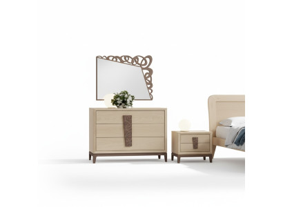 Juego de dormitorio de lujo, cómoda con espejo, muebles de diseño de madera beige de 3 piezas.
