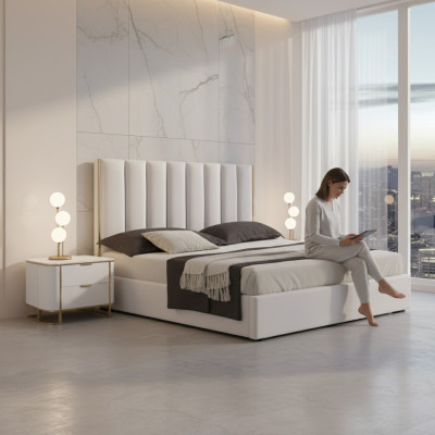 Dormitorio Set Cama de lujo 2 Mesas de noche Diseño nuevo blanco 3 piezas Moderno