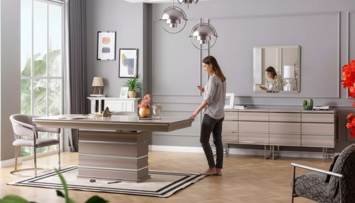 Mesa 6 sillas Aparador Espejo Conjunto de comedor de 9 piezas Grupo de mobiliario