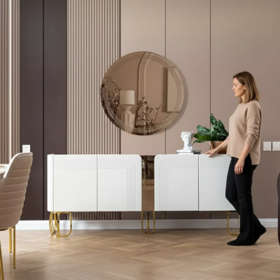 Conjunto de aparador y espejo para sala de estar, lujo moderno, madera blanca de 2 piezas.
