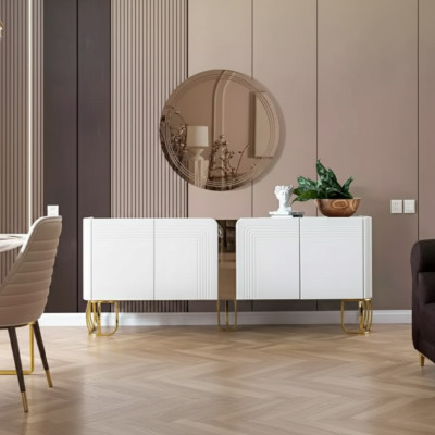 Conjunto de aparador y espejo para sala de estar, lujo moderno, madera blanca de 2 piezas.