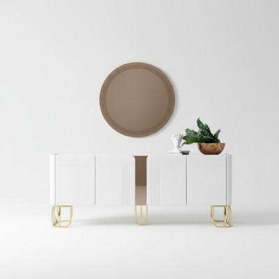 Conjunto de aparador y espejo para sala de estar, lujo moderno, madera blanca de 2 piezas.