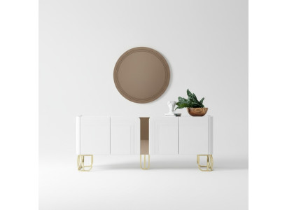 Conjunto de aparador y espejo para sala de estar, lujo moderno, madera blanca de 2 piezas.