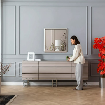 Sala de estar beige Aparador Espejo Muebles de diseño Consola Madera Diseñador