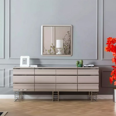 Sala de estar beige Aparador Espejo Muebles de diseño Consola Madera Diseñador