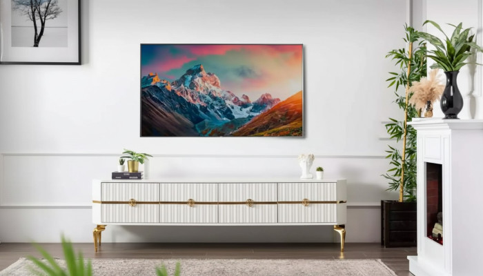 Mueble de pie para televisión de salón, estilo moderno, blanco, lujo, madera.