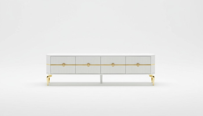 Mueble de pie para televisión de salón, estilo moderno, blanco, lujo, madera.