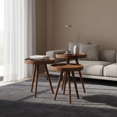 Mesa auxiliar redonda 3 veces, mesa decorativa, mesa de lámpara, mesa de sofá, mesa de madera marrón.
