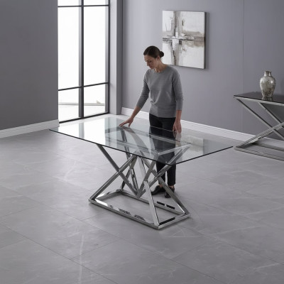 Diseño de comedor Mesa de cristal moderna Marco de acero inoxidable Mesas de acero inoxidable
