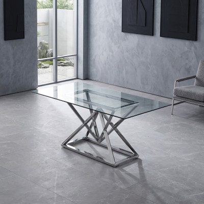 Diseño de comedor Mesa de cristal moderna Marco de acero inoxidable Mesas de acero inoxidable