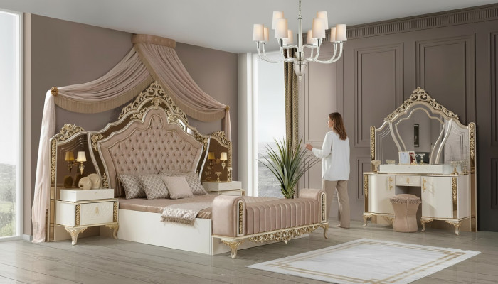 Dormitorio Cama completa 2 mesitas de noche Cómoda con espejo 4 piezas Nuevo