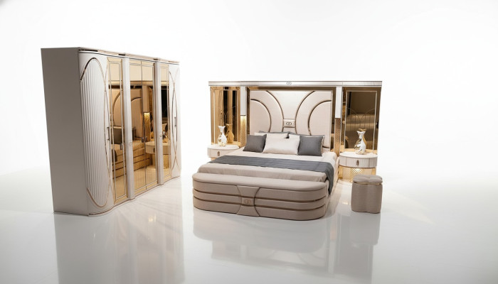 Conjunto de dormitorio Cama 2x Mesitas de noche Taburete Lujo nuevo 5 piezas Diseño madera