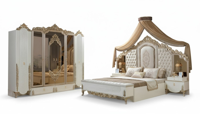 Dormitorio Set Cama 2x Mesitas de noche Taburete Lujo nuevo 5 piezas Diseño Madera