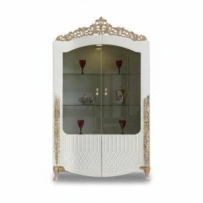 Estantería de pie para vitrinas, muebles de diseño moderno para salón en blanco de madera/cristal.