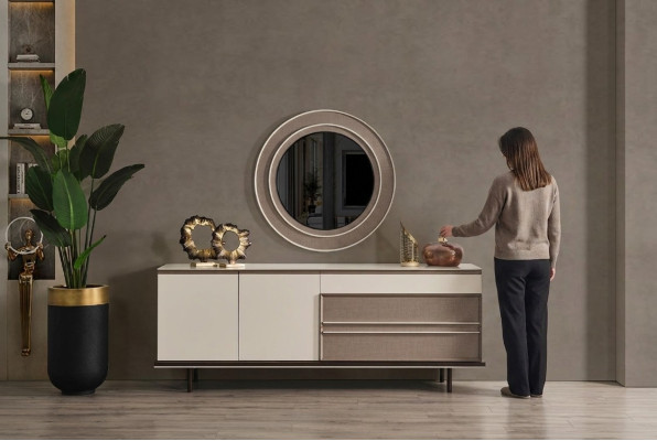 Muebles de comedor de diseño en madera, aparador de lujo, espejo, cómoda, aparador.