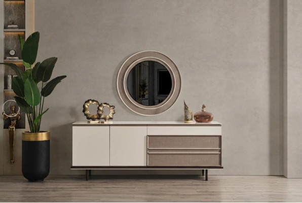 Muebles de comedor de diseño en madera, aparador de lujo, espejo, cómoda, aparador.
