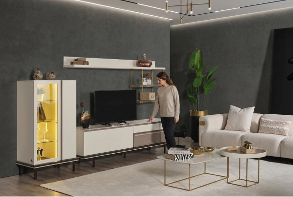Sala de estar blanca Conjunto de muebles de diseñador Soporte de TV de lujo Vitrina LED de madera Estante