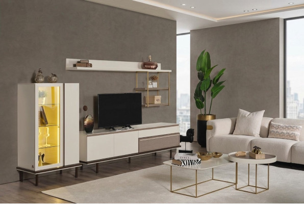 Sala de estar blanca Conjunto de muebles de diseñador Soporte de TV de lujo Vitrina LED de madera Estante