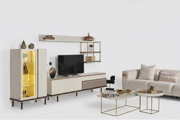 Sala de estar blanca Conjunto de muebles de diseñador Soporte de TV de lujo Vitrina LED de madera Estante
