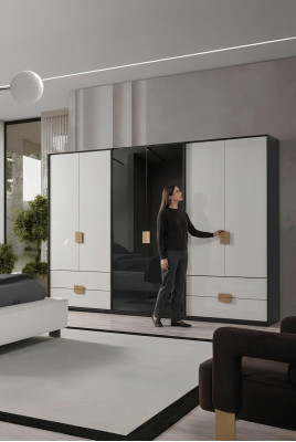 Armario de dormitorio blanco y negro moderno de 6 puertas
