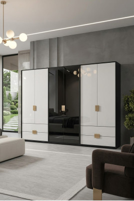 Armario de dormitorio blanco y negro moderno de 6 puertas