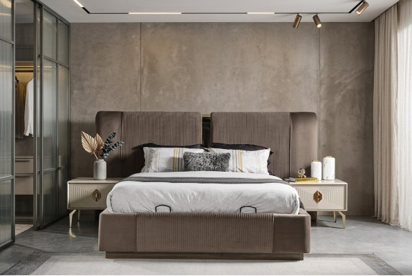 Juego de dormitorio marrón, cama doble de diseñador, 2 mesitas de noche, muebles de lujo.