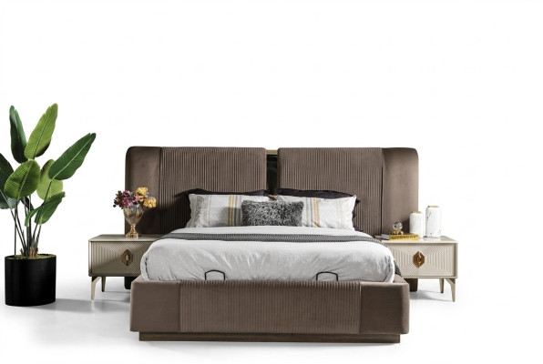 Juego de dormitorio marrón, cama doble de diseñador, 2 mesitas de noche, muebles de lujo.